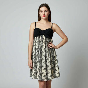 BCBGMaxazria Black Cream Vintage Embroidered Sweetheart Neckline Bow Mini Dress